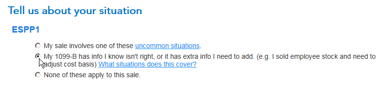 TurboTax 1099-B adjustment for ESPP