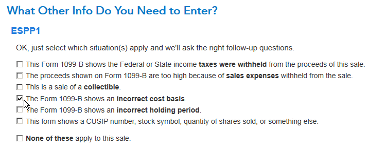 TurboTax ESPP incorrect cost basis