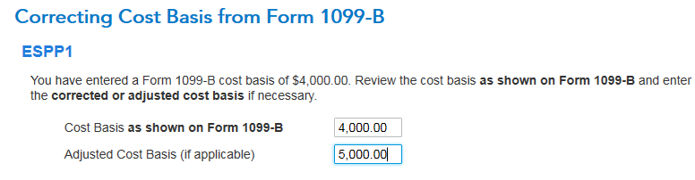 TurboTax correcting cost basis for ESPP